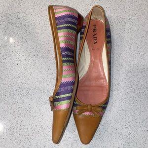 PRADA • Brown pointed flats with logo ribbon print- Size 37 1/2